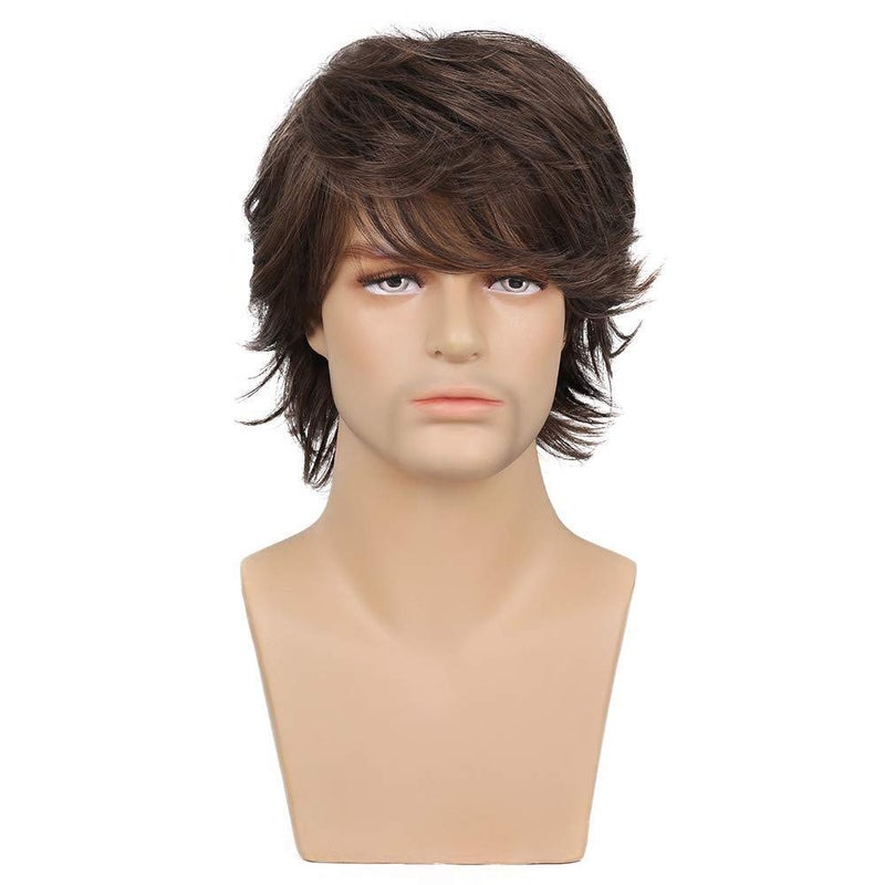Wiwige Short Brown Wig for Mens Layered Natural Fluffy Synthetic Hair Wig Heat Resistant Halloween Cosplay with Wig Cap - Image 2